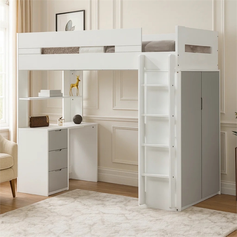 Benjara Wooden Twin Size Loft Bunk Bed with Workstation- White and Gray
