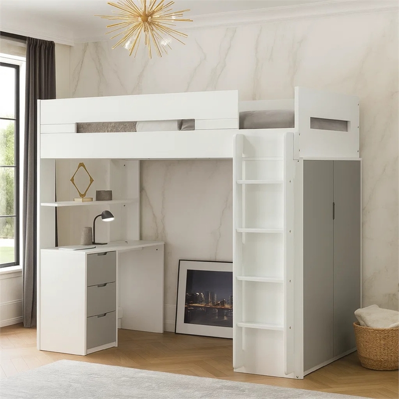 Benjara Wooden Twin Size Loft Bunk Bed with Workstation- White and Gray