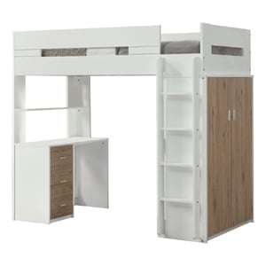 Benjara Wooden Twin Size Loft Bunk Bed with Workstation- White and Brown