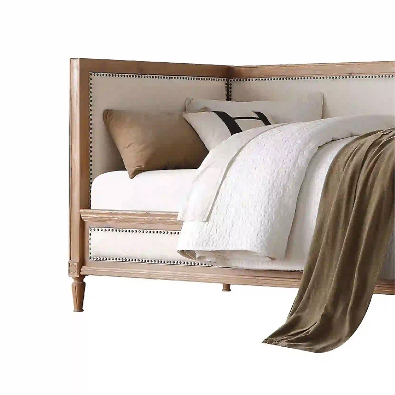 Benjara Elegant Daybed- Cream Linen & Salvage Oak Brown