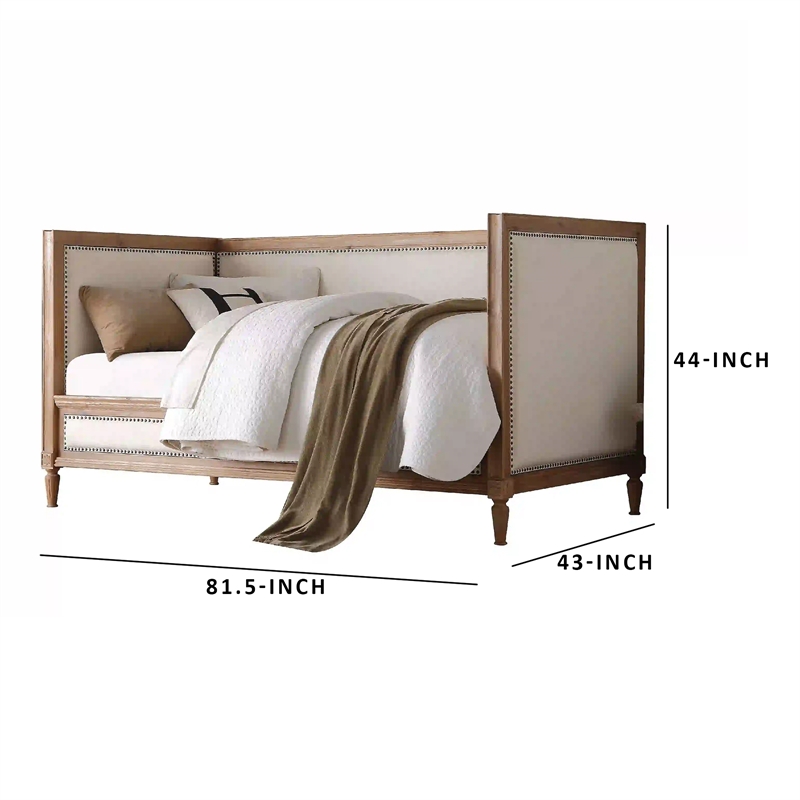 Benjara Elegant Daybed- Cream Linen & Salvage Oak Brown