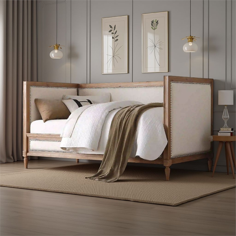 Benjara Elegant Daybed- Cream Linen & Salvage Oak Brown