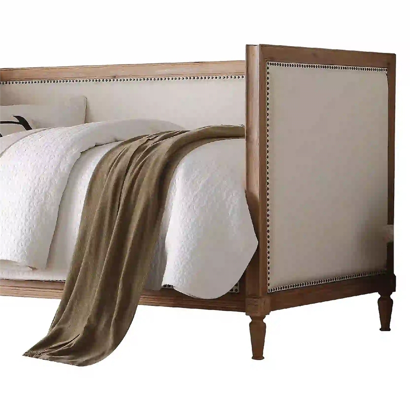 Benjara Elegant Daybed- Cream Linen & Salvage Oak Brown