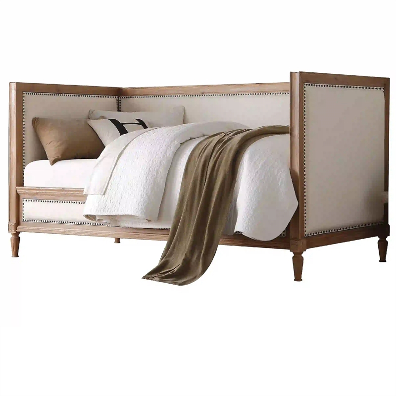 Benjara Elegant Daybed- Cream Linen & Salvage Oak Brown