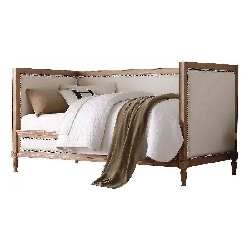 Benjara Elegant Daybed- Cream Linen & Salvage Oak Brown