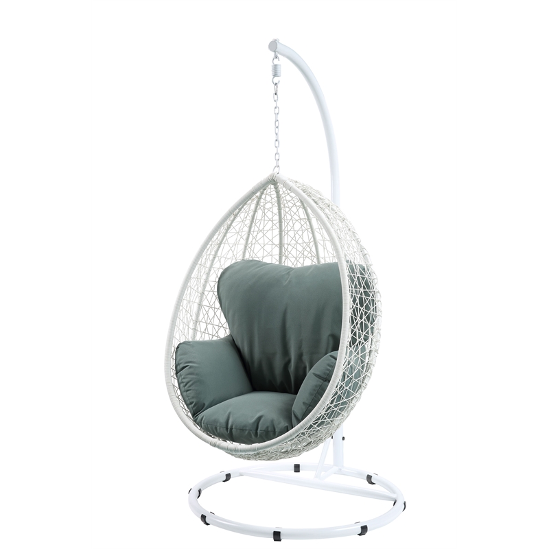 Benjara Metal Patio Swing Chair with Cushioned Seating and Round Base-White/Gray