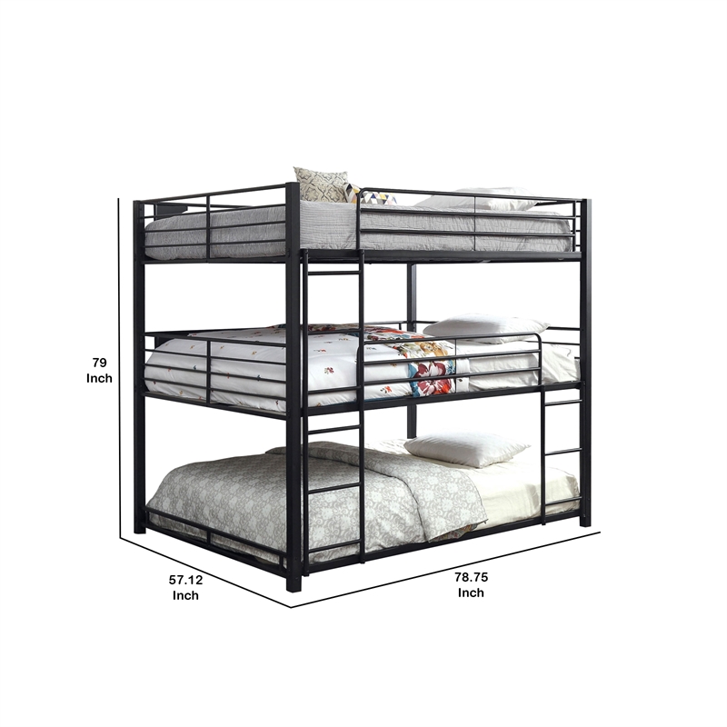 Benjara Industrial Style Queen Triple Decker Bunk Bed with Ladder- Black