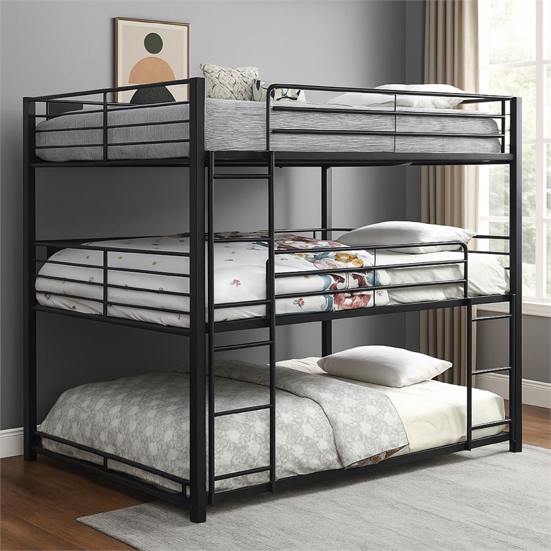 Benjara Industrial Style Queen Triple Decker Bunk Bed with Ladder- Black