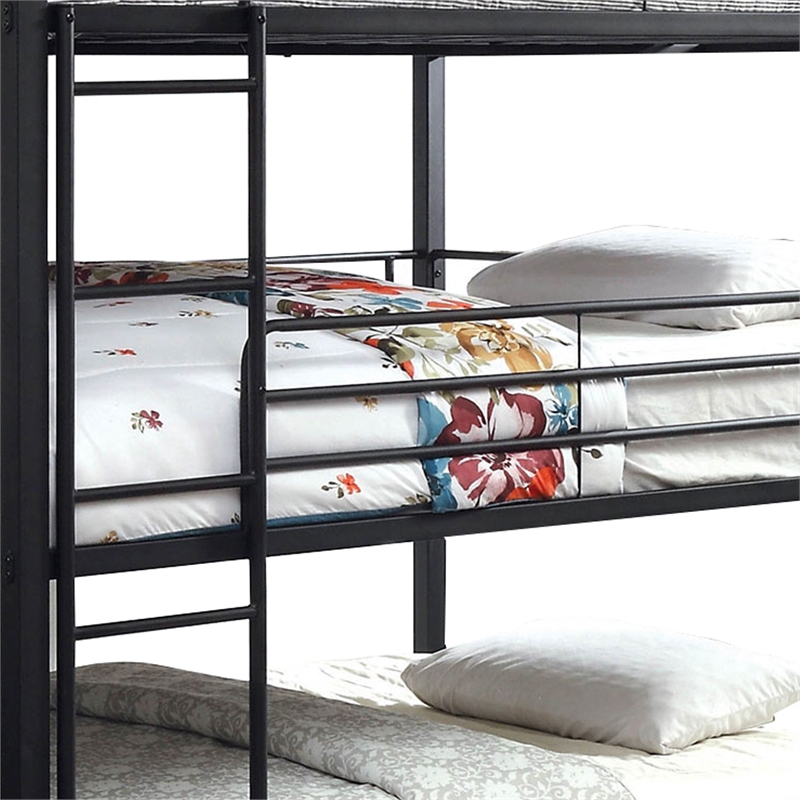 Benjara Industrial Style Queen Triple Decker Bunk Bed with Ladder- Black
