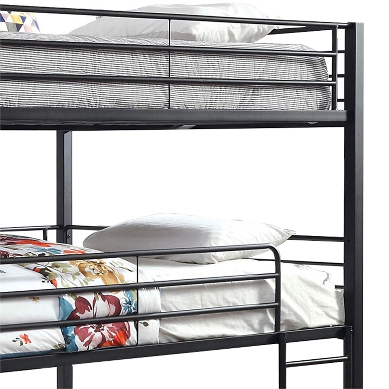 Benjara Industrial Style Queen Triple Decker Bunk Bed with Ladder- Black