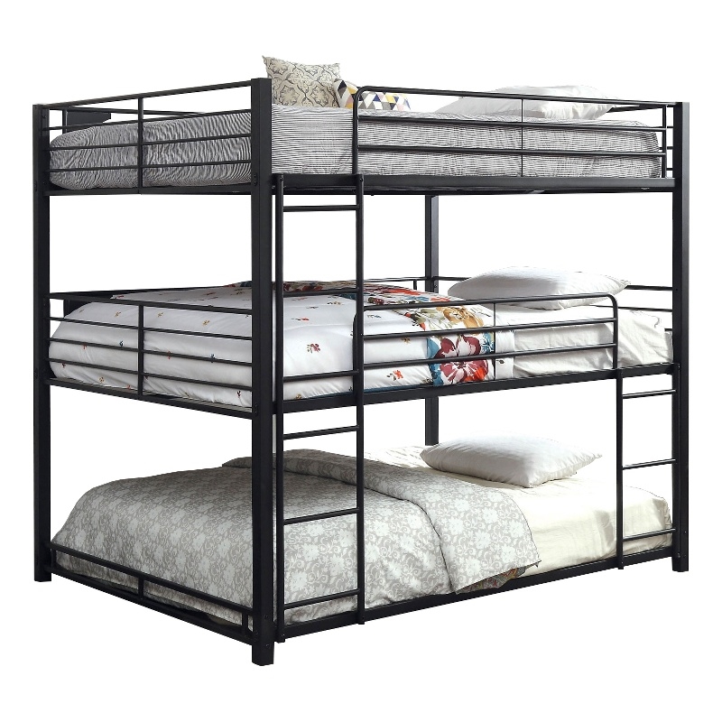 Benjara Industrial Style Queen Triple Decker Bunk Bed with Ladder- Black