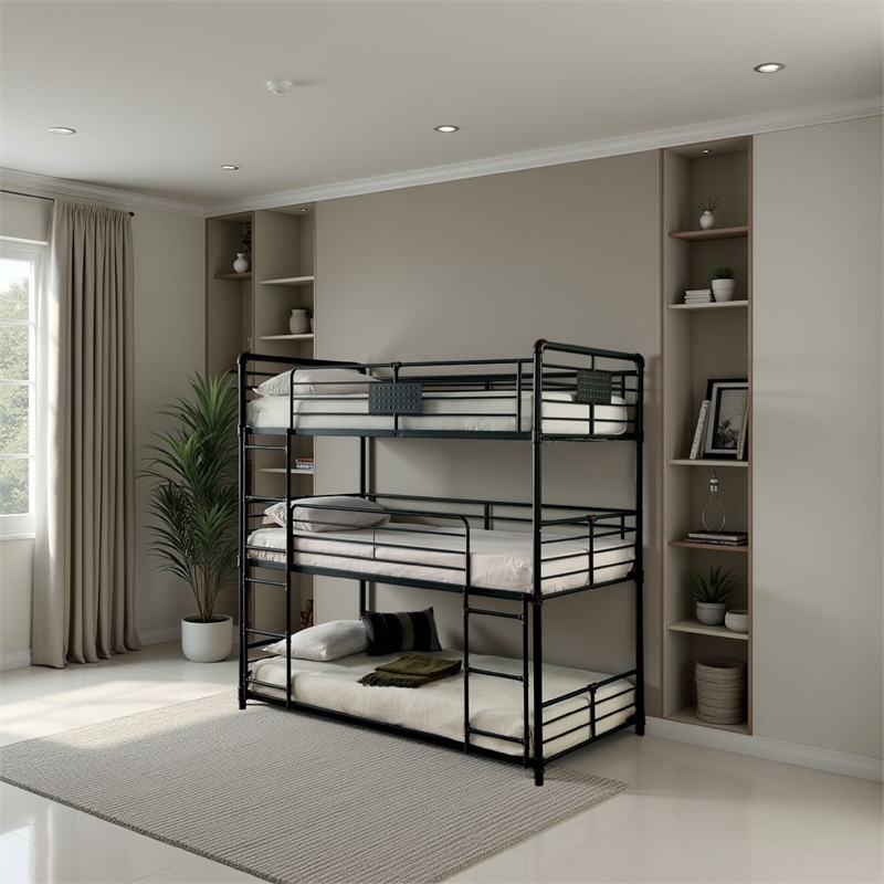 Benjara Industrial Style Full Triple Decker Bunk Bed with Ladder- Gray