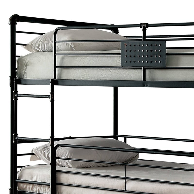 Benjara Industrial Style Full Triple Decker Bunk Bed with Ladder- Gray