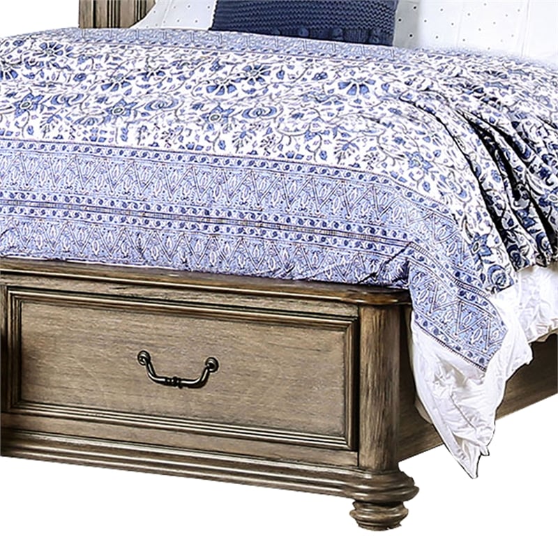 Benjara Queen Size Wooden Bed with 2 Drawers and Panel Headboard- Natural Brown