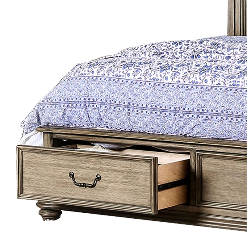 Benjara Queen Size Wooden Bed with 2 Drawers and Panel Headboard- Natural Brown