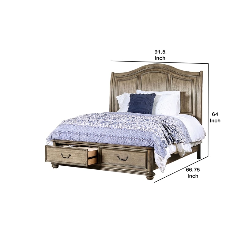 Benjara Queen Size Wooden Bed with 2 Drawers and Panel Headboard- Natural Brown