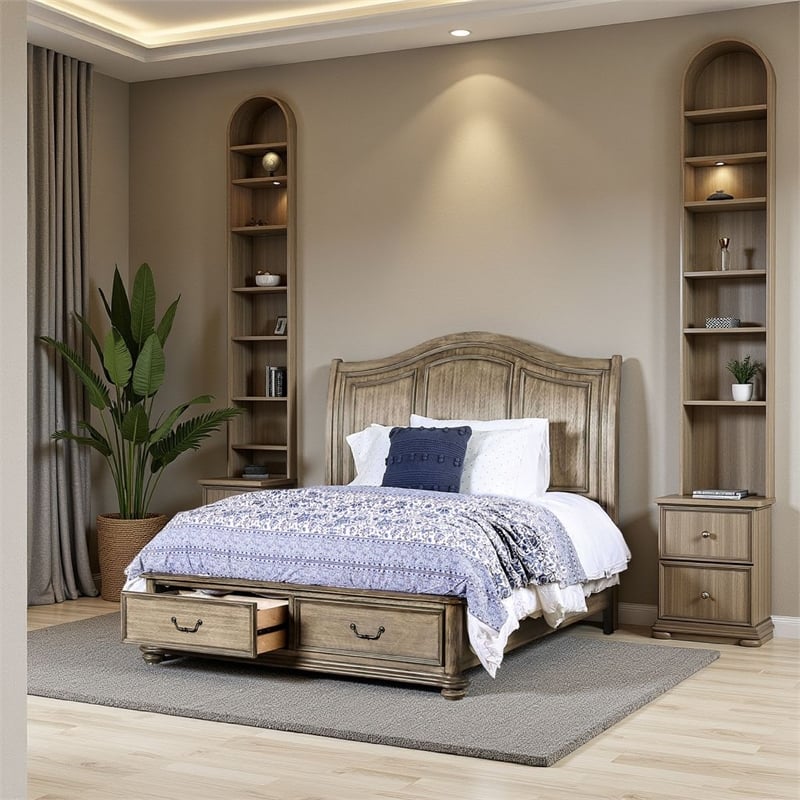 Benjara Queen Size Wooden Bed with 2 Drawers and Panel Headboard- Natural Brown