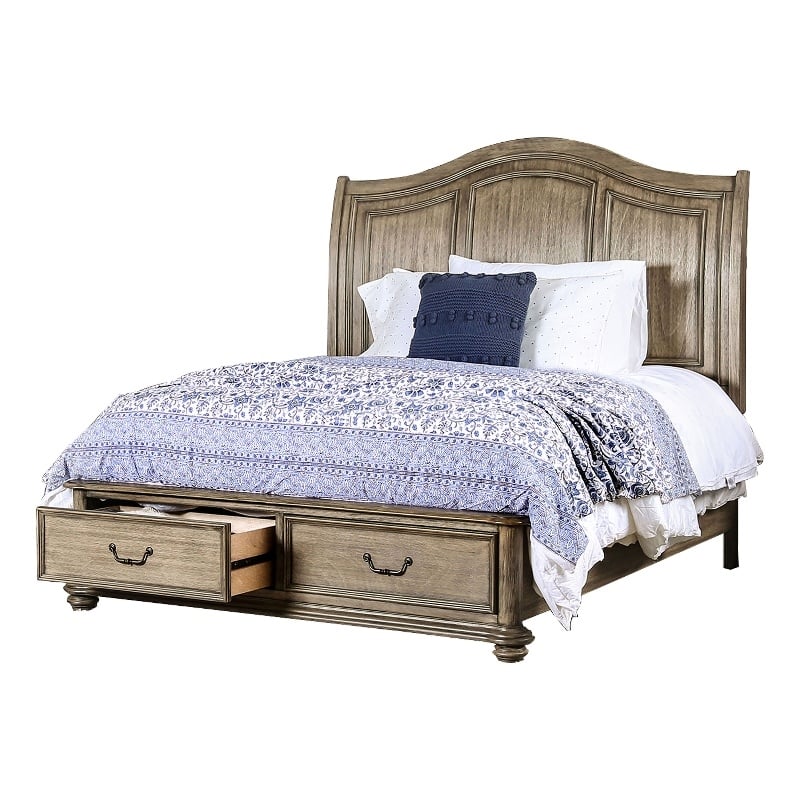 Benjara Queen Size Wooden Bed with 2 Drawers and Panel Headboard- Natural Brown