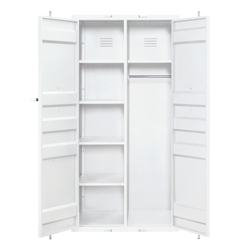 Benjara Double Door Storage Wardrobe with Recessed Panels & Cremone Bolts- White
