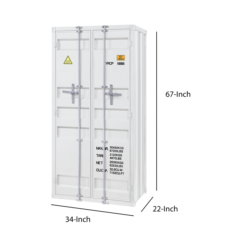 Benjara Double Door Storage Wardrobe with Recessed Panels & Cremone Bolts- White