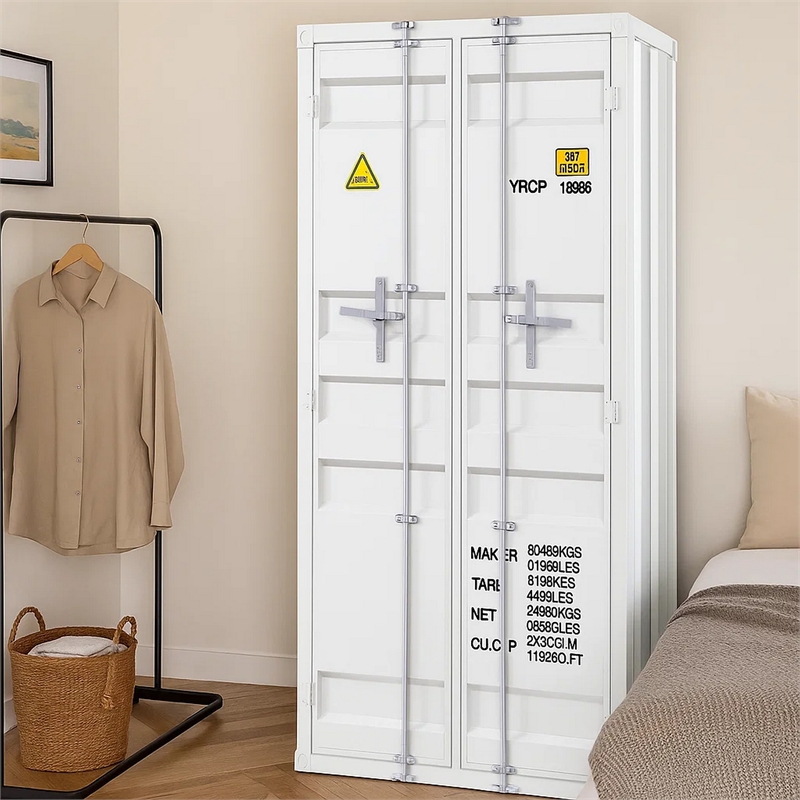 Benjara Double Door Storage Wardrobe with Recessed Panels & Cremone Bolts- White