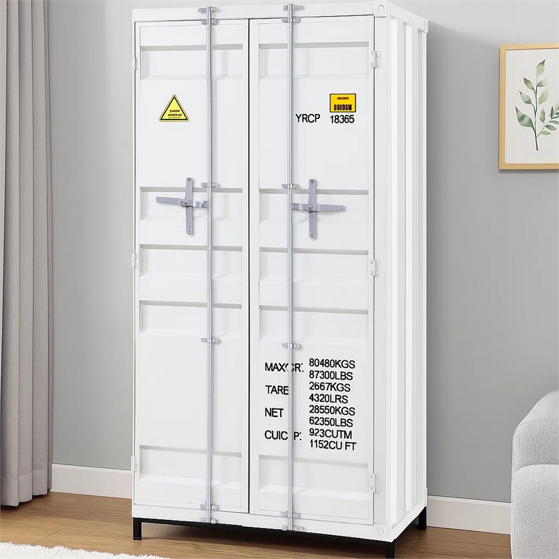Benjara Double Door Storage Wardrobe with Recessed Panels & Cremone Bolts- White
