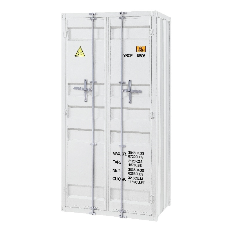 Benjara Double Door Storage Wardrobe with Recessed Panels & Cremone Bolts- White