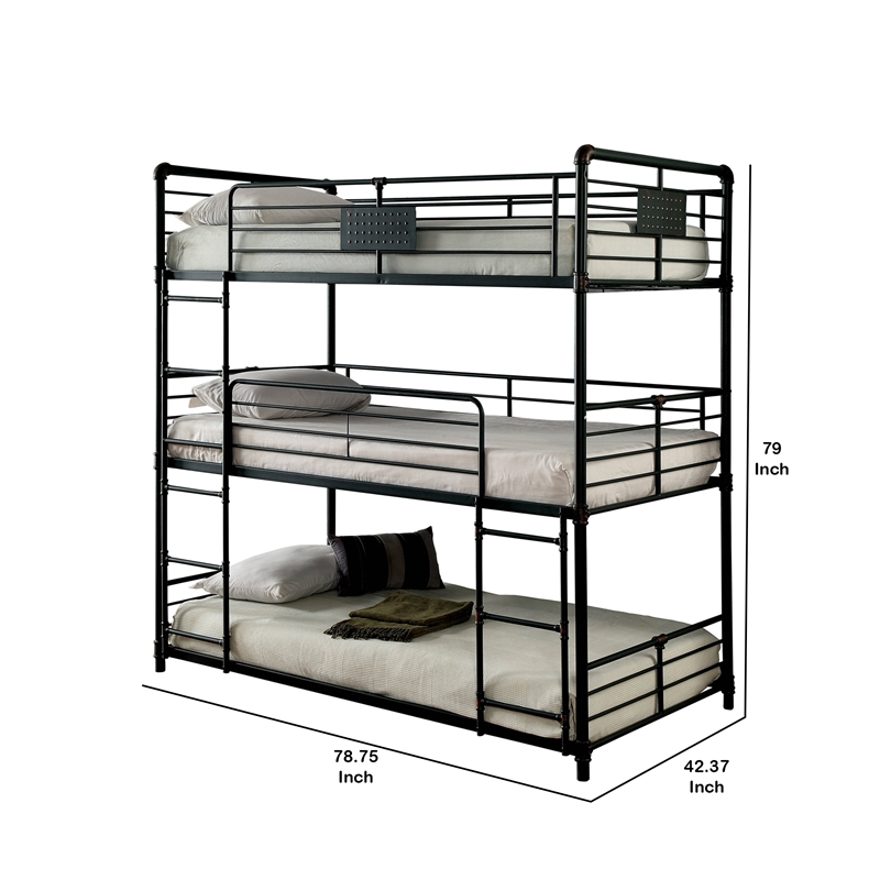 Benjara 3 Tier Industrial Style Twin Size Bunk Bed with 2 Ladders- Black