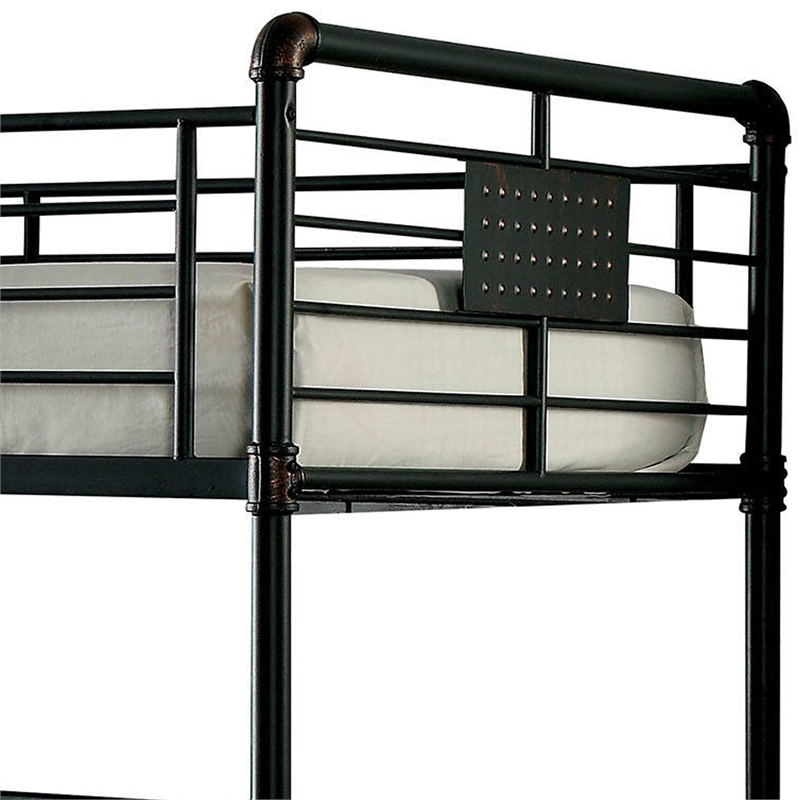 Benjara 3 Tier Industrial Style Twin Size Bunk Bed with 2 Ladders- Black