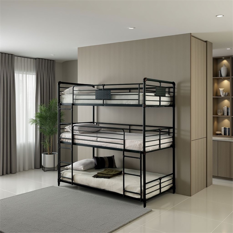 Benjara 3 Tier Industrial Style Twin Size Bunk Bed with 2 Ladders- Black