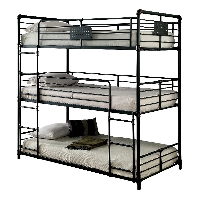 Benjara 3 Tier Industrial Style Twin Size Bunk Bed with 2 Ladders- Black