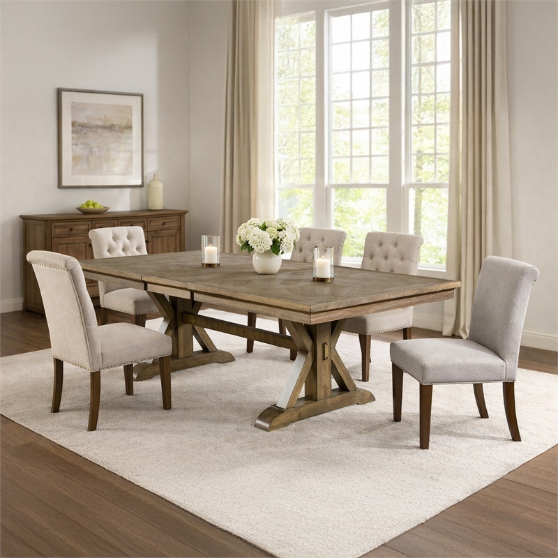 Benjara Transitional Style Wooden Dining Table with Trestle Base- Brown