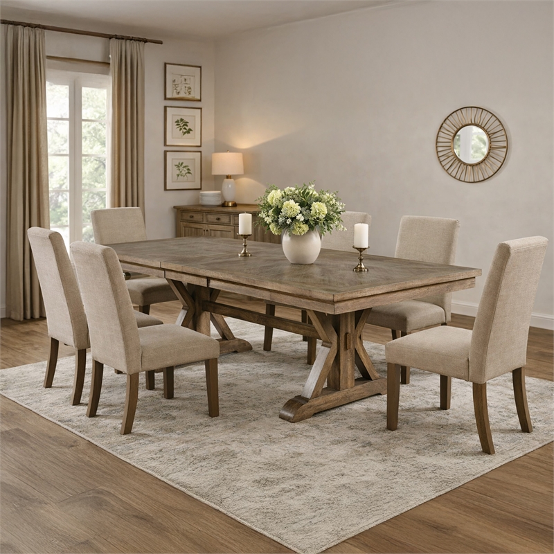 Benjara Transitional Style Wooden Dining Table with Trestle Base- Brown