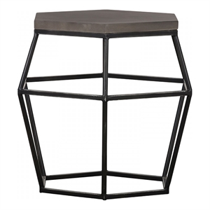 Benjara Hexagonal Concrete End Table with Metal Base- Gray and Black