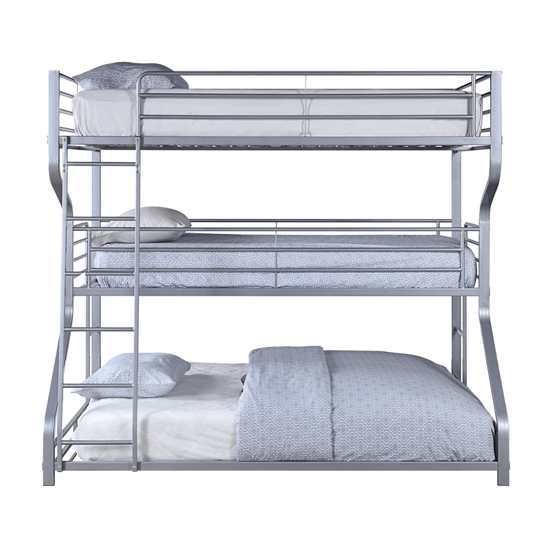 Benjara Industrial 3 Tier Bunk Bed with Curved Metal Frame & Guardrails- Silver