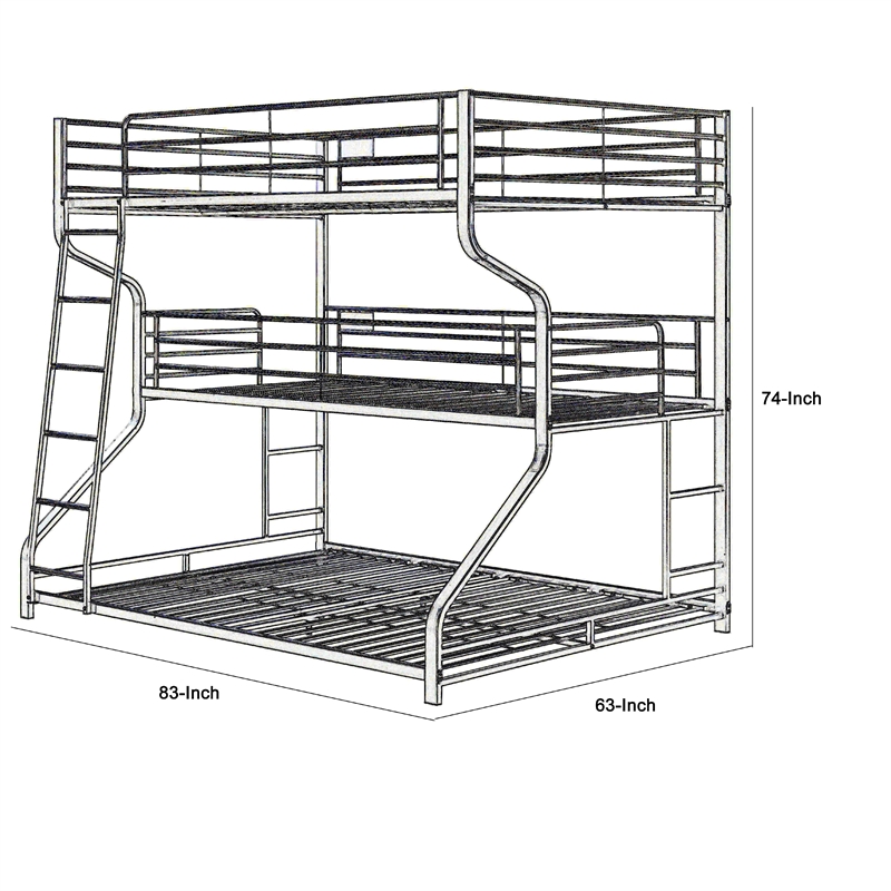 Benjara Industrial 3 Tier Bunk Bed with Curved Metal Frame & Guardrails- Silver