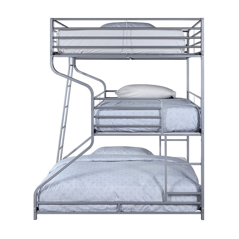 Benjara Industrial 3 Tier Bunk Bed with Curved Metal Frame & Guardrails- Silver