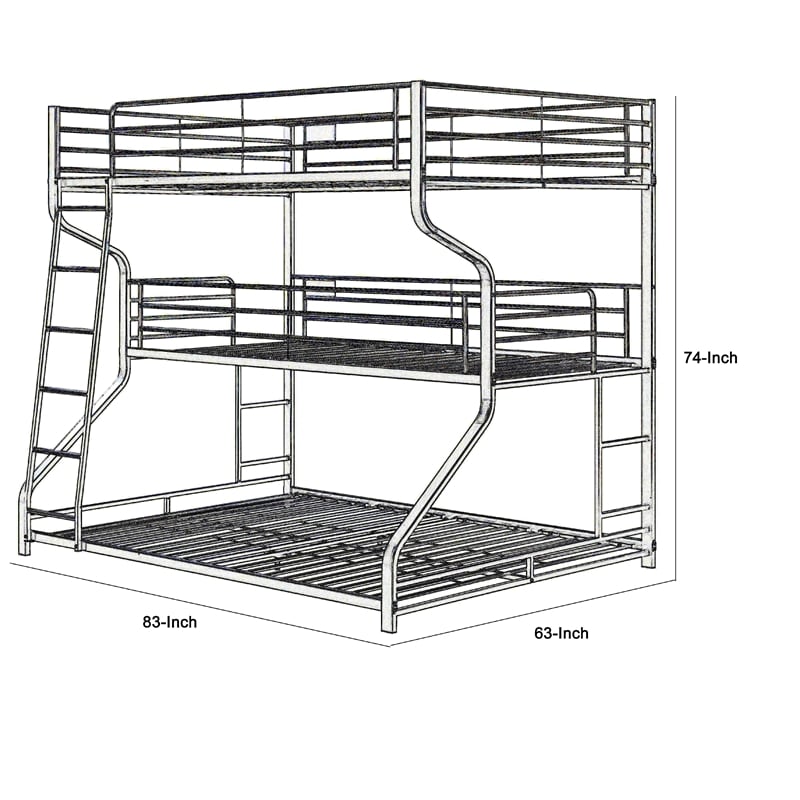 Benjara Industrial 3 Tier Bunk Bed with Curved Metal Frame & Guardrails- Silver