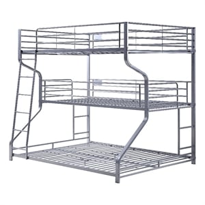 Benjara Industrial 3 Tier Bunk Bed with Curved Metal Frame & Guardrails- Silver