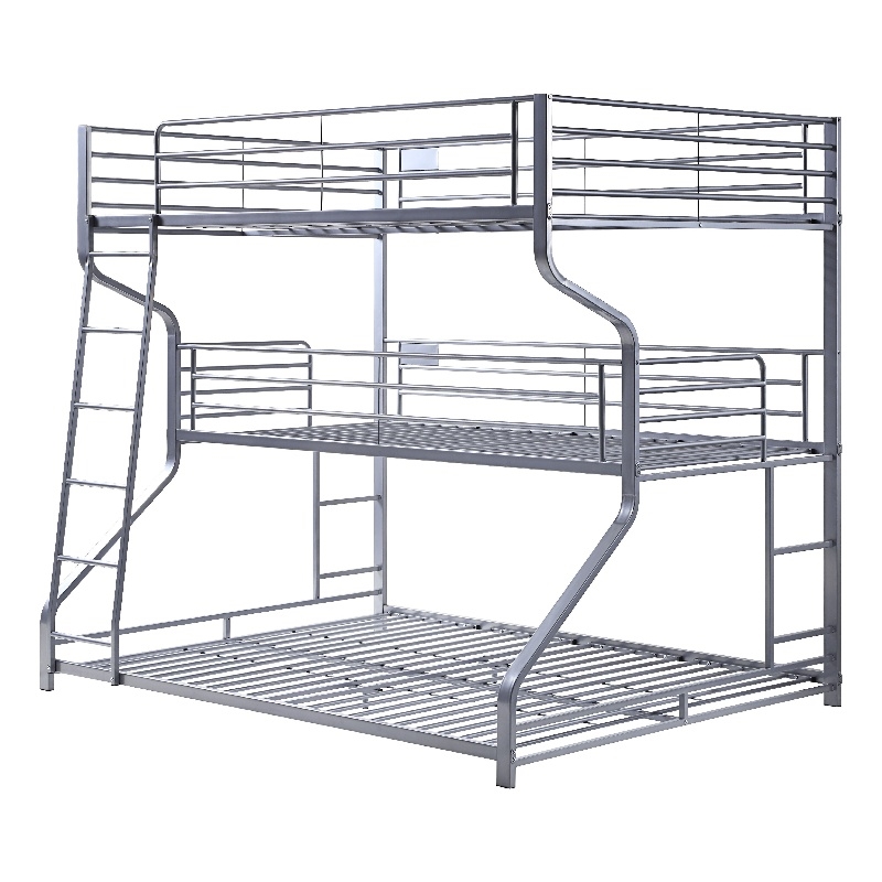 Benjara Industrial 3 Tier Bunk Bed with Curved Metal Frame & Guardrails- Silver