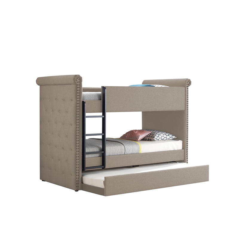 Benjara Chesterfield Design Twin Size Bunk Bed with Nailhead Trim- Beige & Black