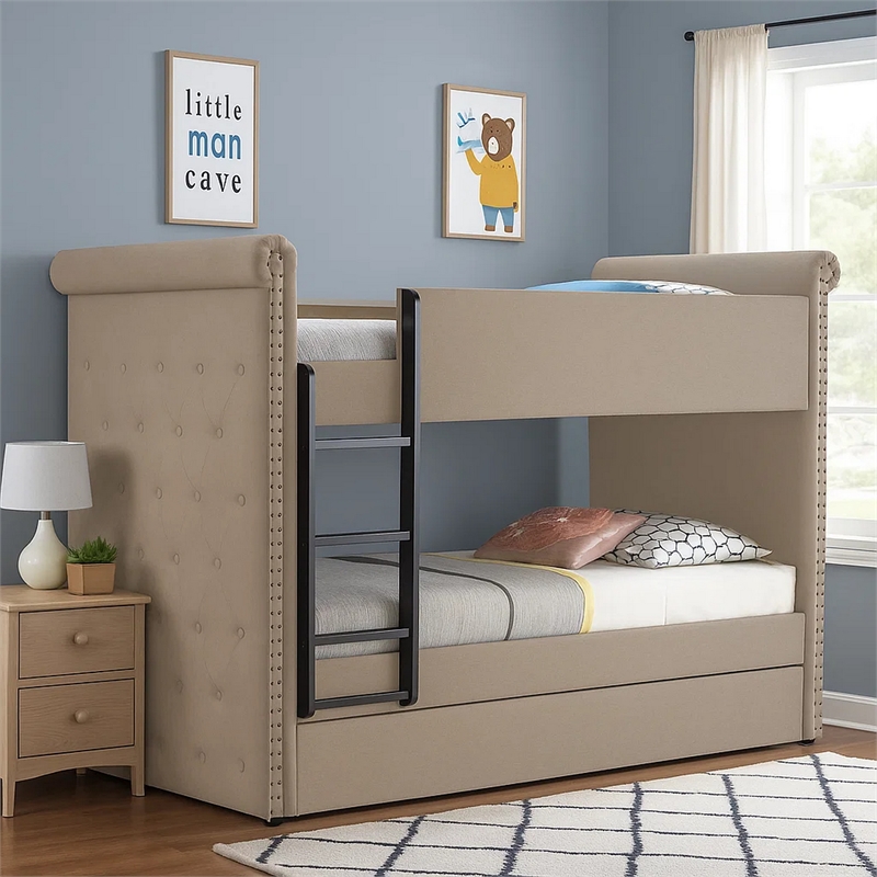Benjara Chesterfield Design Twin Size Bunk Bed with Nailhead Trim- Beige & Black