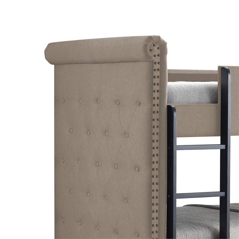 Benjara Chesterfield Design Twin Size Bunk Bed with Nailhead Trim- Beige & Black