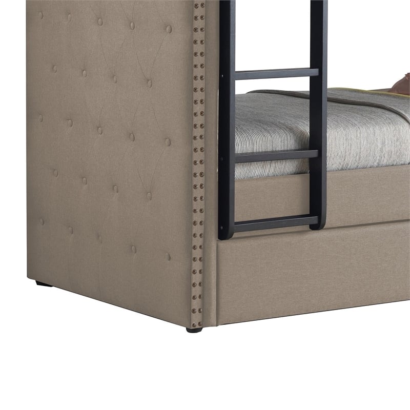 Benjara Chesterfield Design Twin Size Bunk Bed with Nailhead Trim- Beige & Black