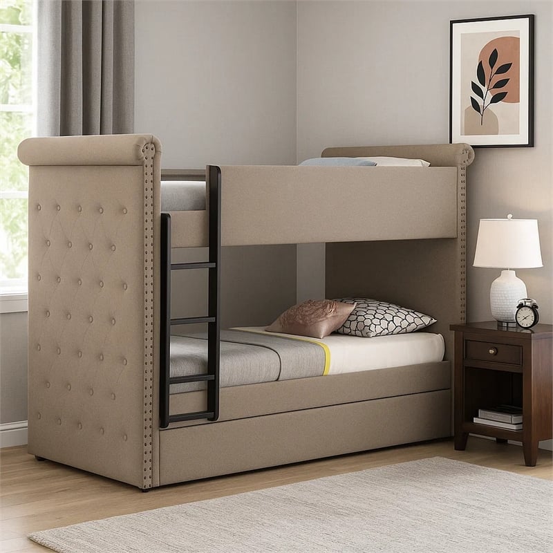 Benjara Chesterfield Design Twin Size Bunk Bed with Nailhead Trim- Beige & Black
