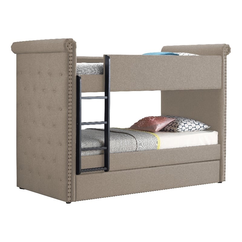 Benjara Chesterfield Design Twin Size Bunk Bed with Nailhead Trim- Beige & Black
