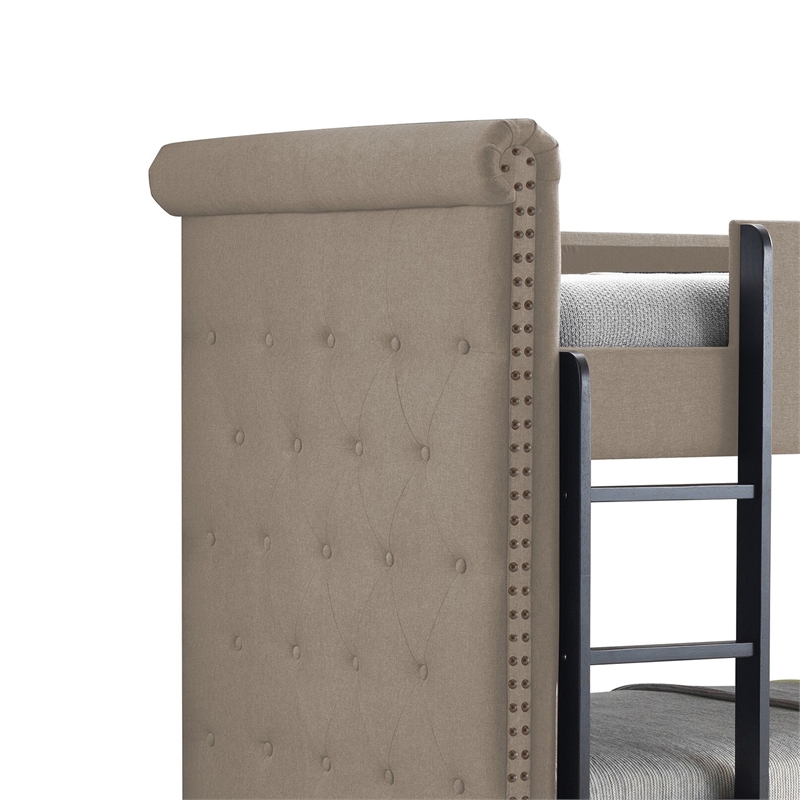 Benjara Chesterfield Design Twin Size Bunk Bed with Nailhead Trim- Beige & Black