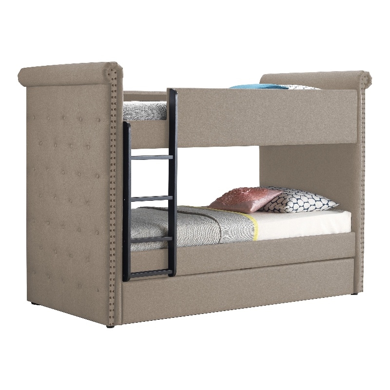 Benjara Chesterfield Design Twin Size Bunk Bed with Nailhead Trim- Beige & Black