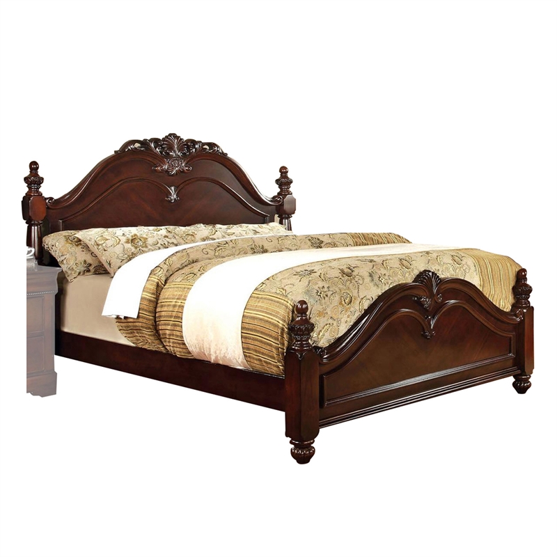 Benjara Traditional Style Eastern King Wooden Bed with Floral Carvings- Brown