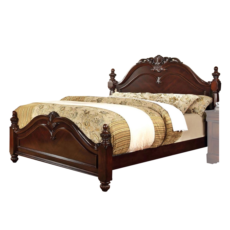 Benjara Traditional Style Eastern King Wooden Bed with Floral Carvings- Brown